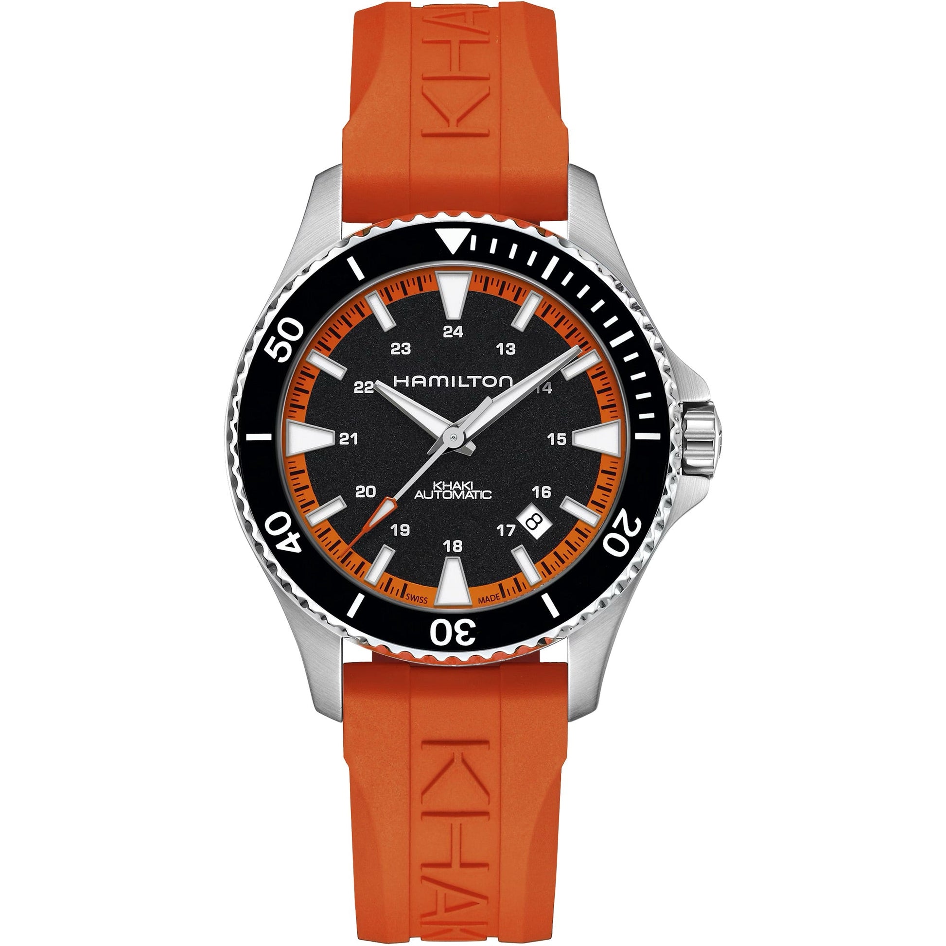 The Hamilton Khaki Navy Scuba Auto 40mm Watch by Hamilton Watch features a black dial, white hands, silver case, tangerine orange rubber logo strap, and a black bezel with white markings.
