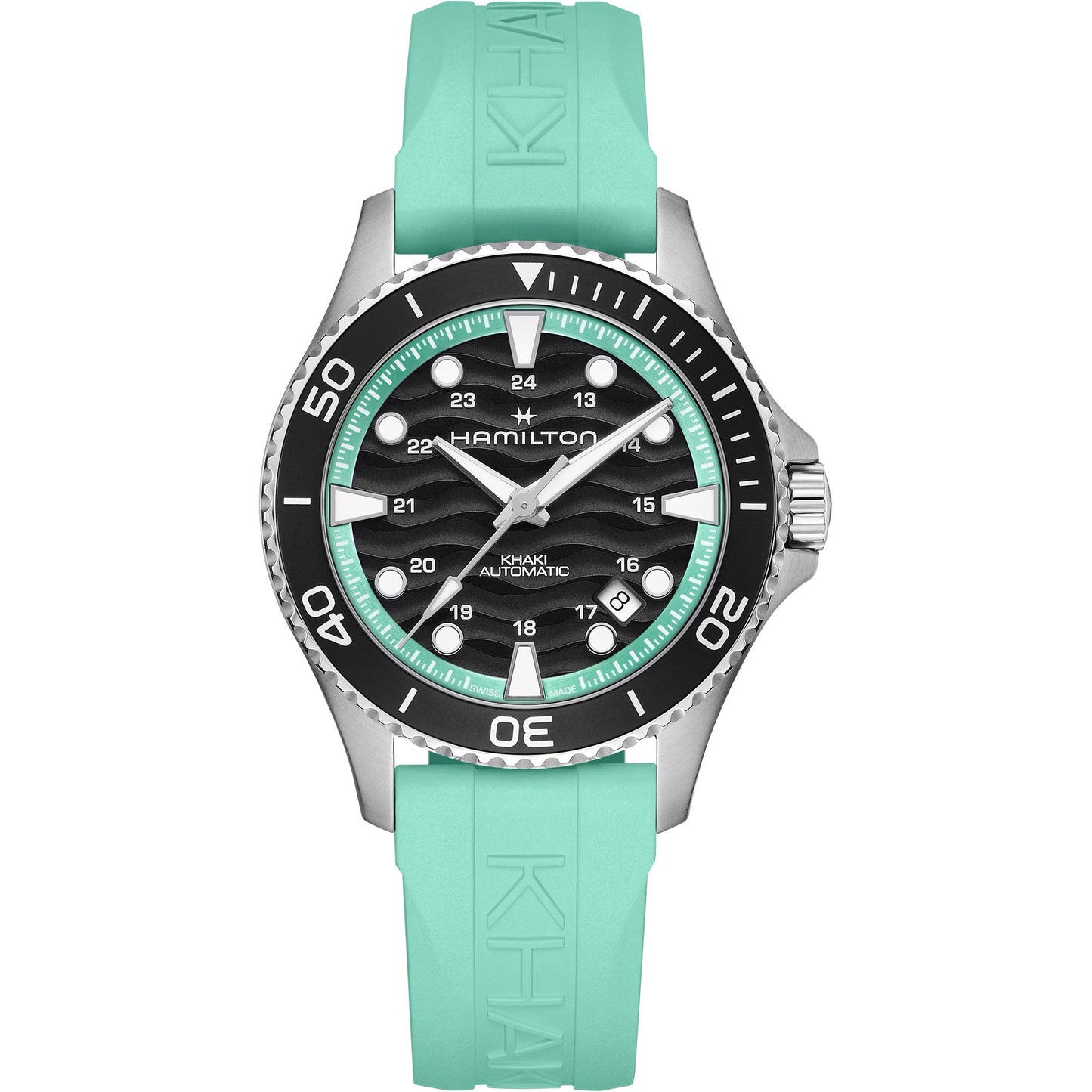 The Hamilton Watch Khaki Navy Scuba Auto 40mm features a teal rubber strap, black and silver bezel, black textured dial with white numerals, and luminous hands and markers, shown on a white background.