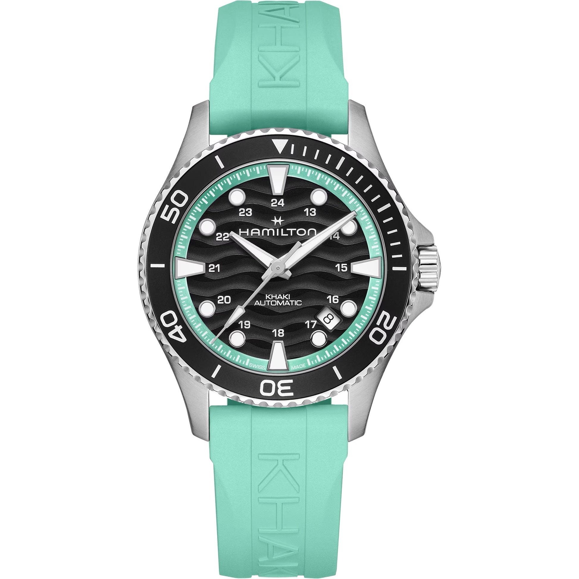 The Hamilton Watch Khaki Navy Scuba Auto 40mm features a teal rubber strap, black and silver bezel, black textured dial with white numerals, and luminous hands and markers, shown on a white background.