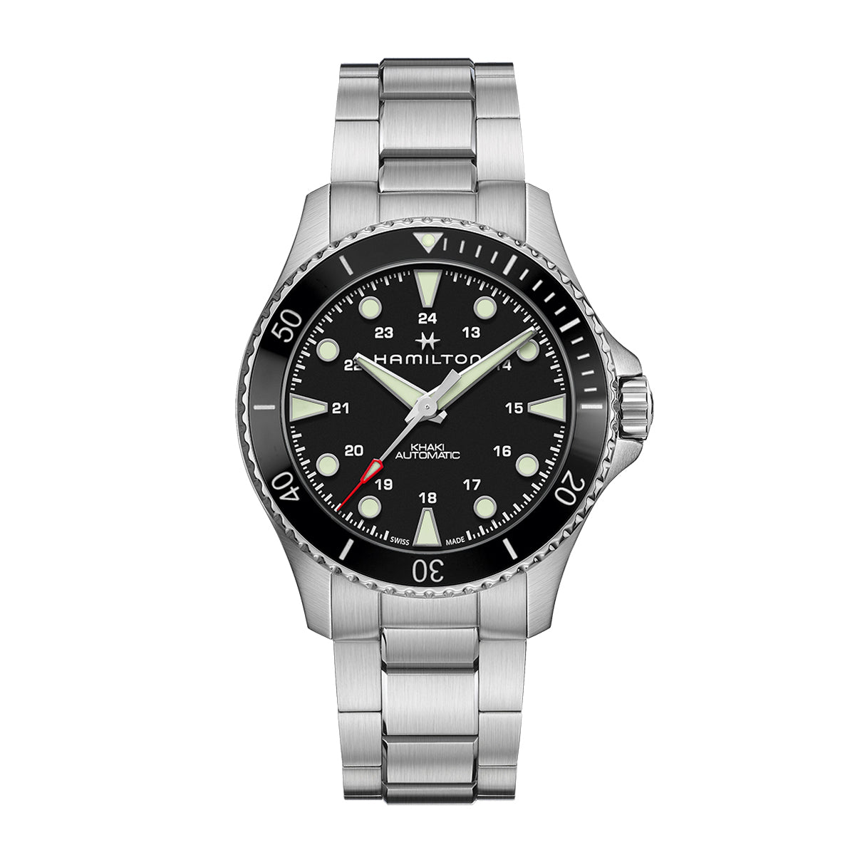 The Hamilton Khaki Navy Scuba Auto 43mm Watch showcases a stainless steel wristwatch with a black circular dial that highlights luminous hands and markers. The bezel is detailed with minute increments, and the brand name "Hamilton Watch" is elegantly displayed. It features a metal bracelet and boasts a classic diver-style design.