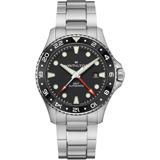 The Hamilton Khaki Navy Scuba Auto GMT 43mm by Hamilton Watch features a stainless steel case, black bezel and dial, luminous markers, red GMT hand, date at 3 o'clock, and metal bracelet—a standout automatic GMT diving watch.