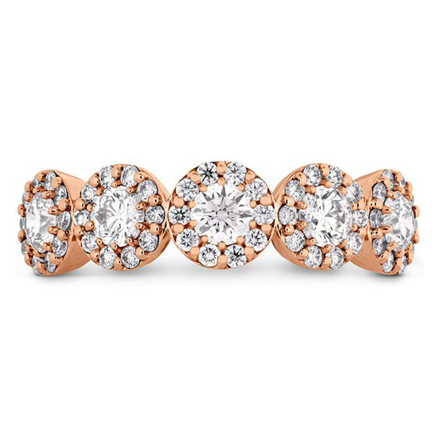 The Hearts On Fire 18K Rose Gold Round Brilliant Diamond Anniversary Ring by Hearts on Fire features five circular settings, each adorned with a round diamond of SI-VS clarity encircled by smaller diamonds. This design elegantly highlights the breathtaking sparkle of these exquisite gemstones.