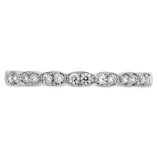 The Hearts On Fire Lorelei Floral 18K White Gold Round Brilliant Diamond Anniversary Ring showcases a graceful 18 Karat White Gold band embellished with alternating marquise-shaped and round diamonds, emphasizing their radiance throughout the band.