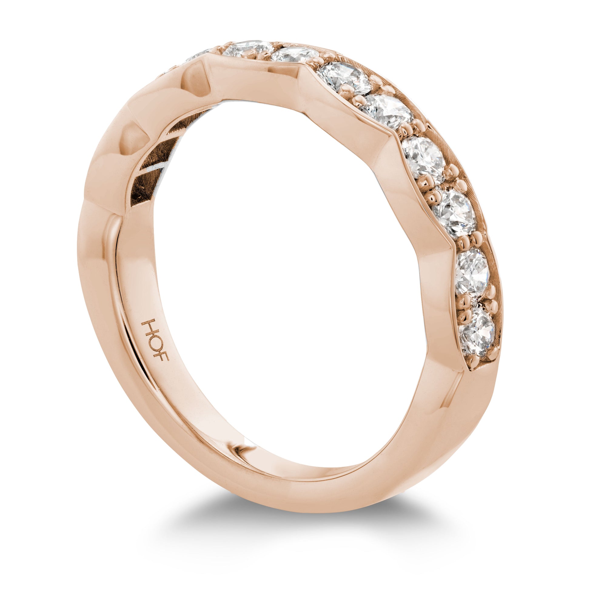 The Hearts On Fire Lorelei Floral 18K Rose Gold Round Brilliant Diamond Anniversary Ring showcases a distinctive faceted band design adorned with a row of brilliant round diamonds set on half the band. Stamped with "HOF" on the interior, this ring offers a modern and elegant charm, making it an ideal choice for any special occasion.
