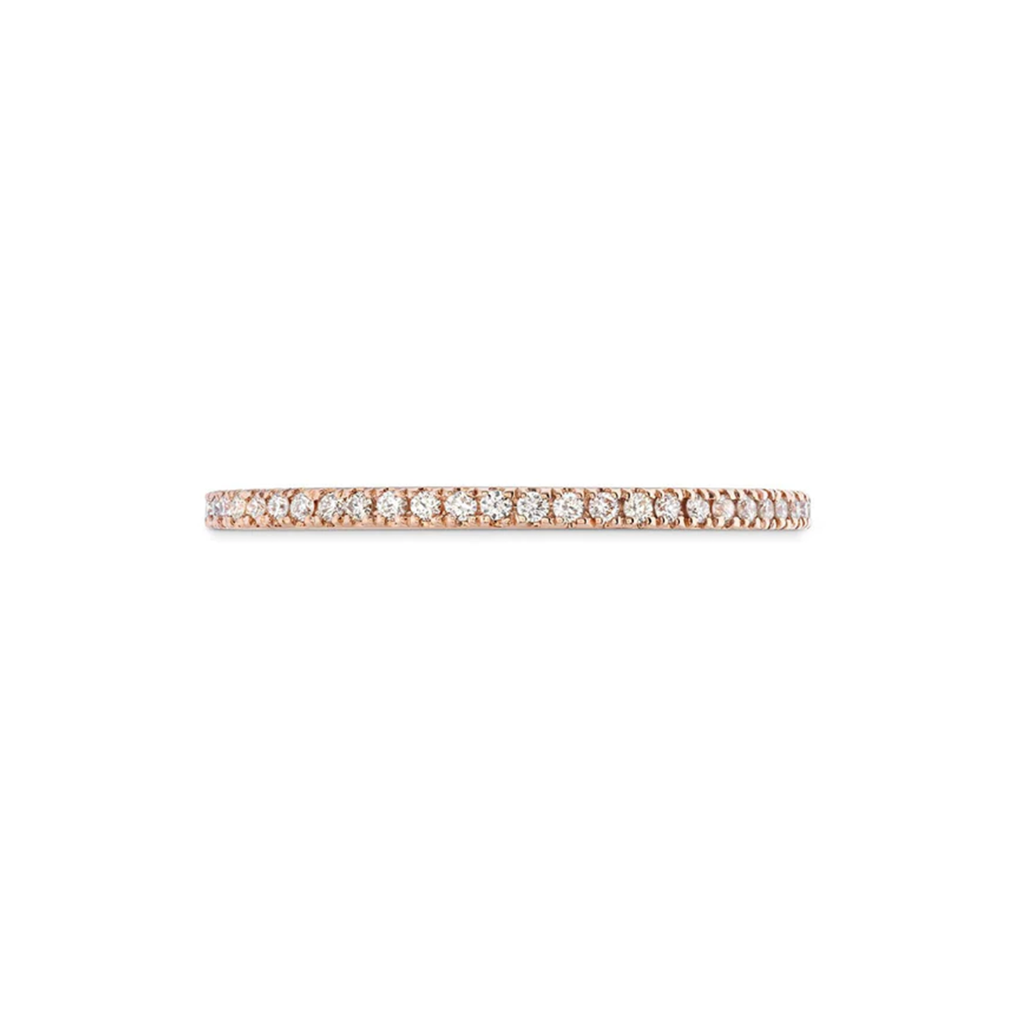 The Hearts On Fire 18K Rose Gold Round Brilliant Diamond Anniversary Ring by Hearts On Fire features a sleek band crafted from 18 karat rose gold, embellished with an unbroken line of tiny, shimmering white diamonds. This stunning jewelry piece is beautifully displayed against a simple white background.