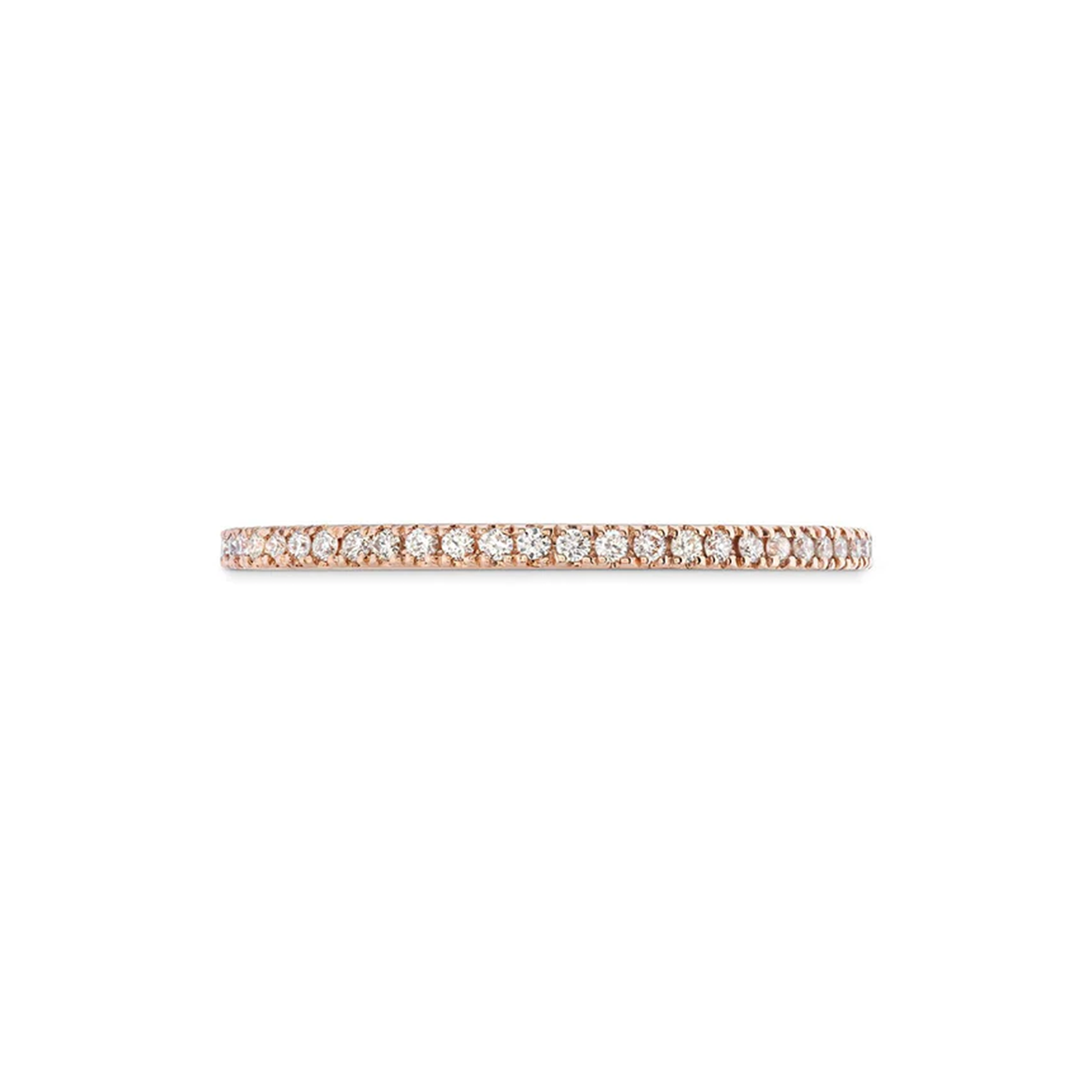 The Hearts On Fire 18K Rose Gold Round Brilliant Diamond Anniversary Ring by Hearts On Fire features a sleek band crafted from 18 karat rose gold, embellished with an unbroken line of tiny, shimmering white diamonds. This stunning jewelry piece is beautifully displayed against a simple white background.