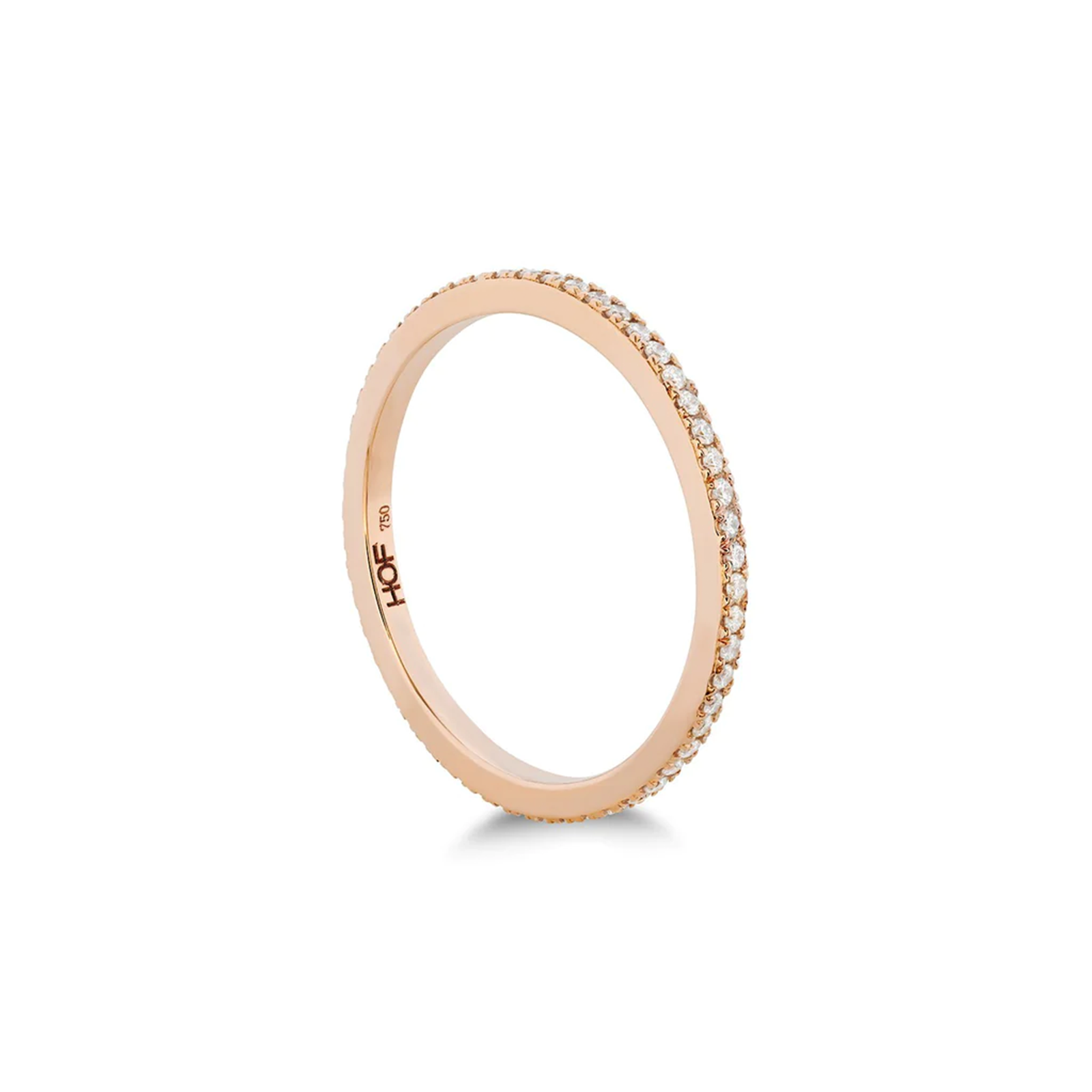 The Hearts On Fire 18K Rose Gold Round Brilliant Diamond Anniversary Ring features a delicate band with round diamonds set along the top half, showcased against a simple white backdrop. The inner side is inscribed with "HOF," making it an ideal choice for an anniversary gift.