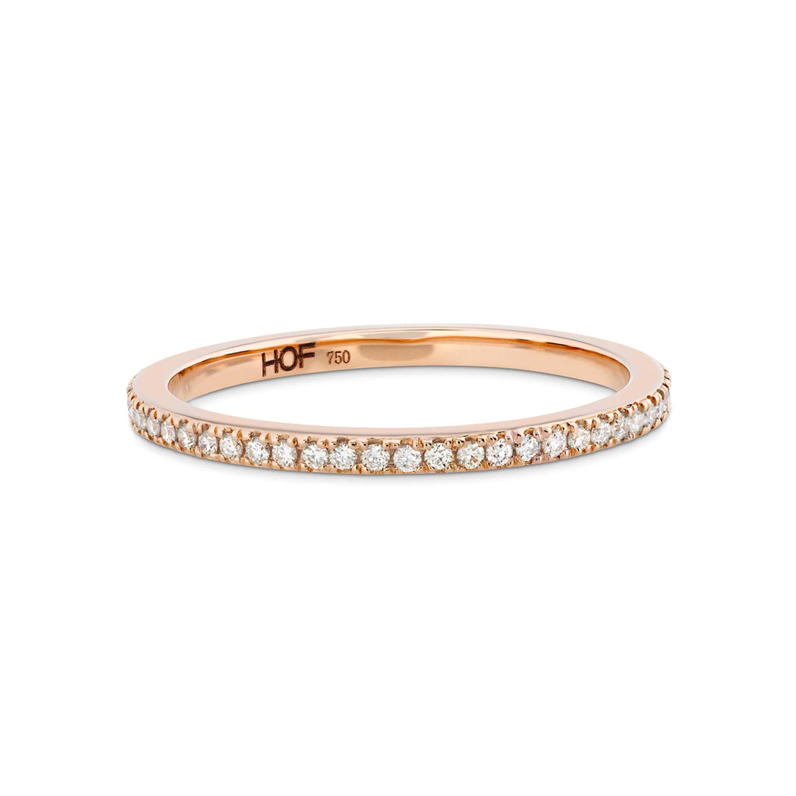 An exquisite anniversary ring, the Hearts On Fire 18K Rose Gold Round Brilliant Diamond Ring features a delicate band crafted from 18 karat rose gold, adorned with small, sparkling diamonds encircling its entirety. Inside, it bears the hallmark "HOF 750," signifying both its distinguished Hearts on Fire craftsmanship and gold purity.