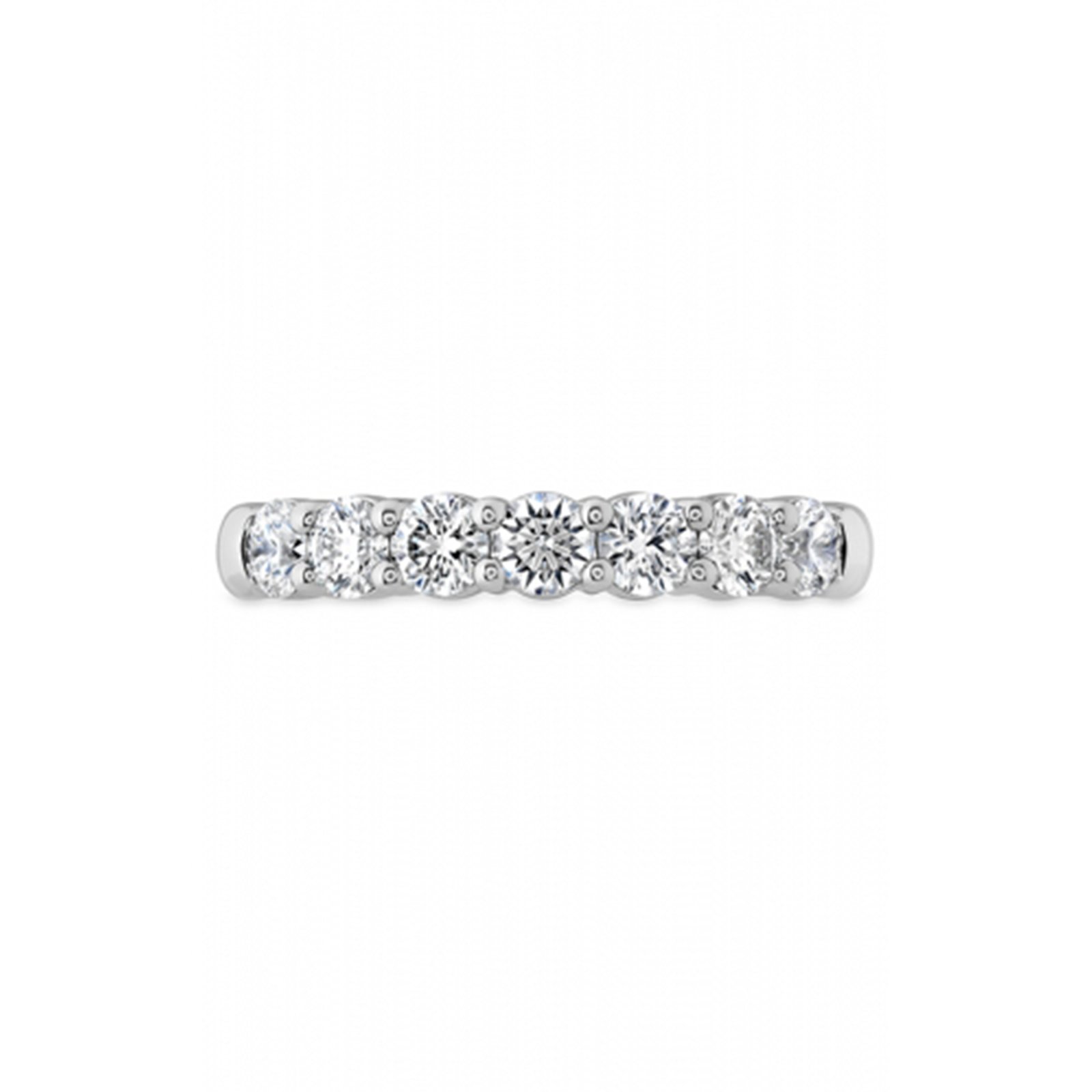 The Hearts On Fire Signature 18K White Gold Round Brilliant Diamond Anniversary Ring, featuring seven evenly spaced sparkling round diamonds, is a testament to the renowned brilliance of Hearts on Fire against a white background.