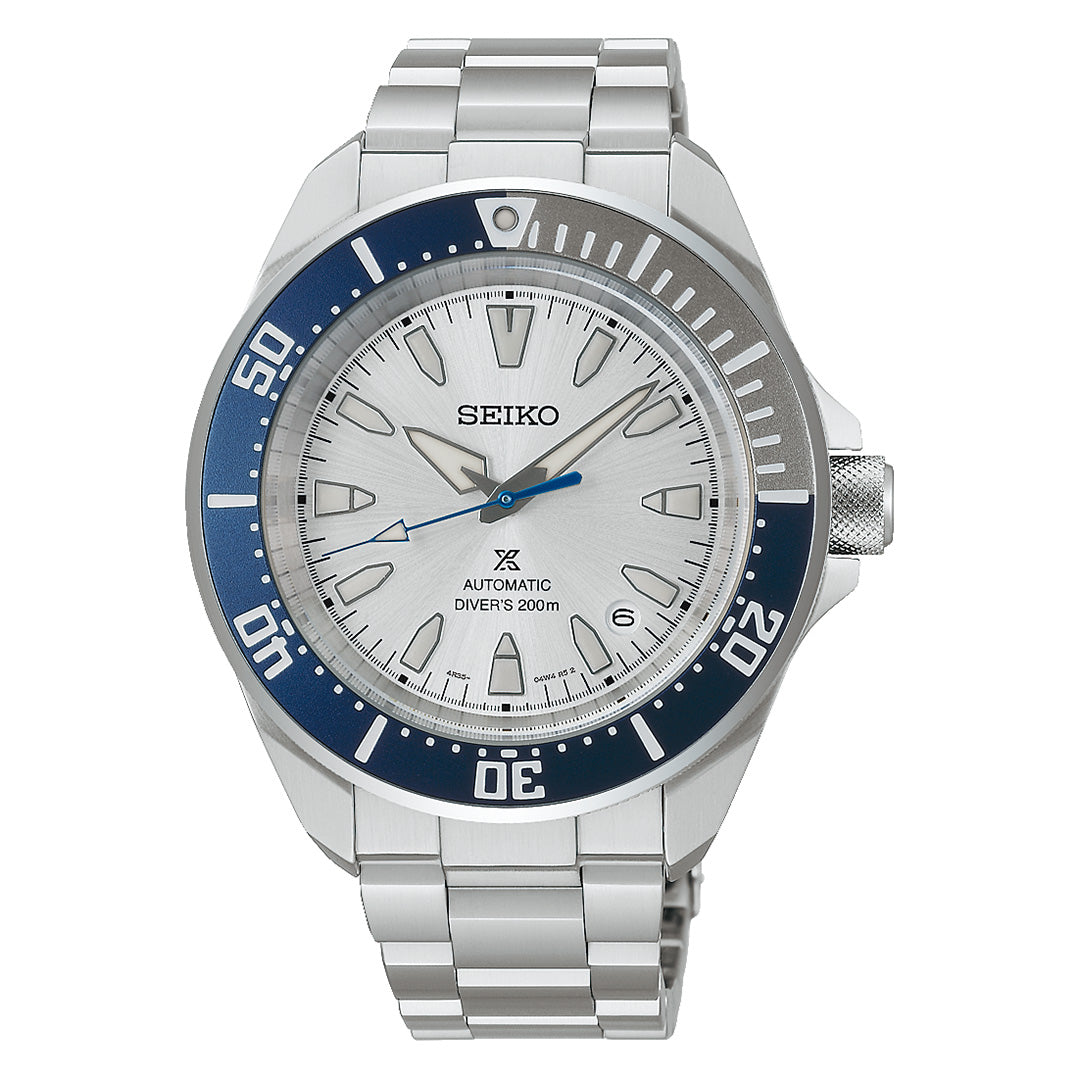 The Seiko Prospex Sea 145th Anniversary Limited Edition Automatic 41.7mm watch by Seiko features a striking silver dial, a blue and silver bezel, silver hour markers, and a stainless steel band, with the date displayed at the 4 o’clock position.
