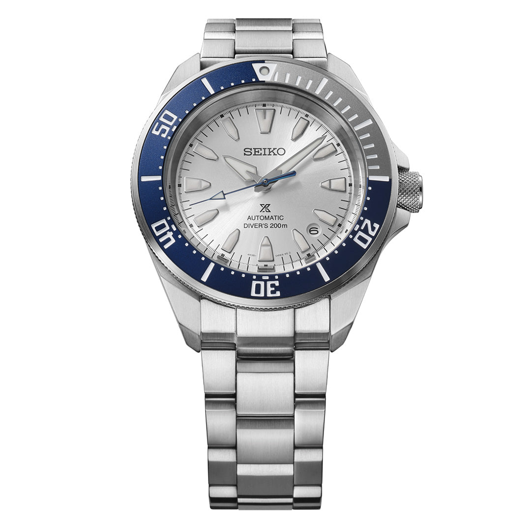A Seiko Prospex Sea 145th Anniversary Limited Edition Automatic 41.7mm watch in silver, featuring a blue and silver bezel, a white dial, and a silver stainless steel bracelet. The watch face displays the time as 10:08.