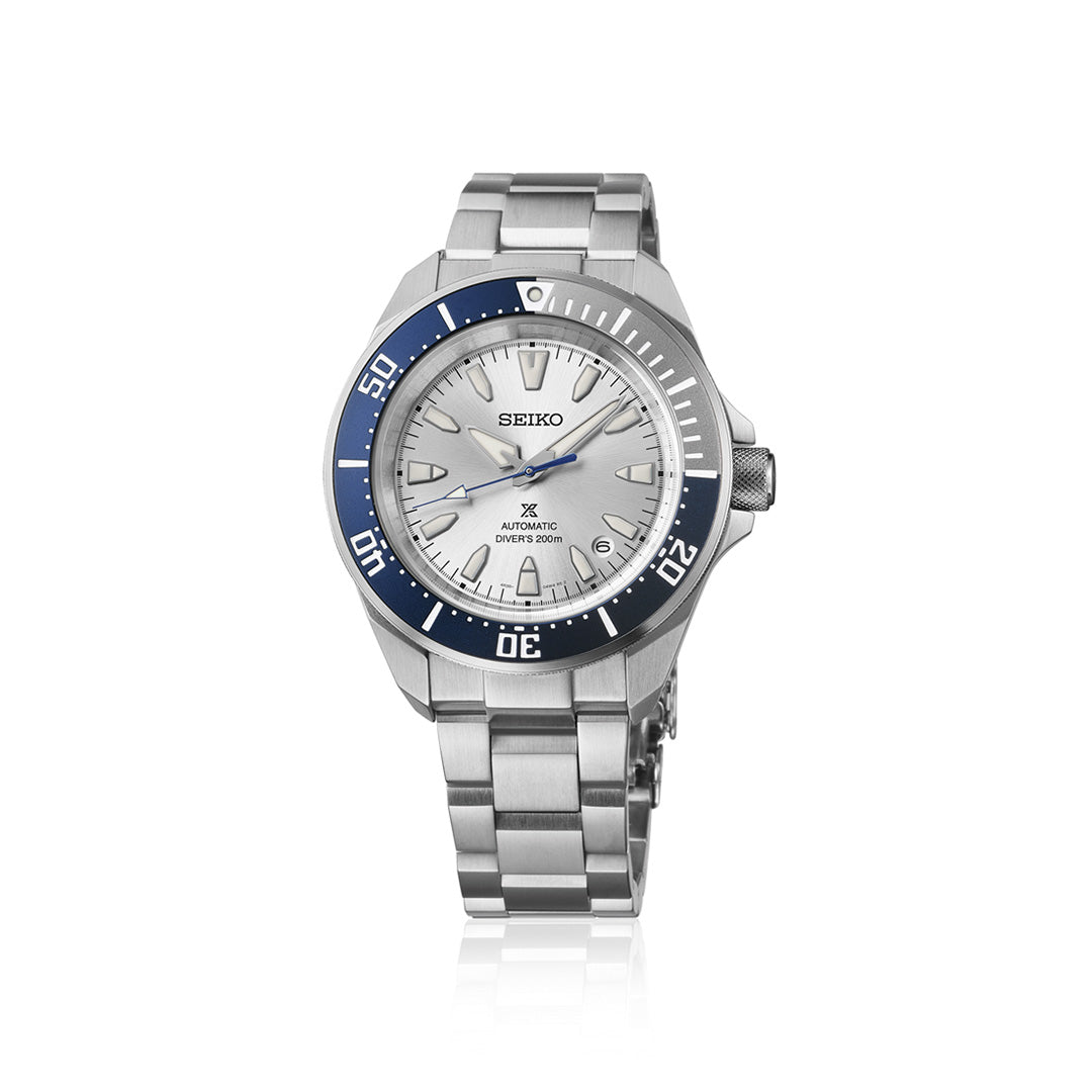 A Seiko Prospex Sea 145th Anniversary Limited Edition Automatic 41.7mm watch by Seiko, featuring a silver-tone case, blue and silver bezel, white dial, and metal bracelet, displayed against a plain white background.