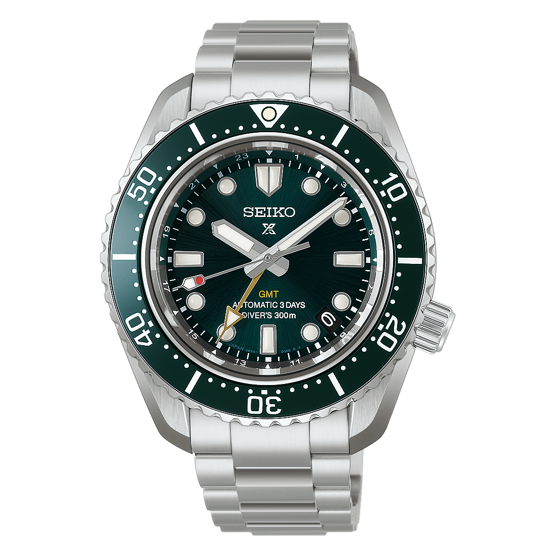 A Seiko Prospex Sea GMT Automatic With Manual Winding 42mm Watch featuring a dark green dial, a matching green rotating bezel, and a stainless steel link bracelet.
