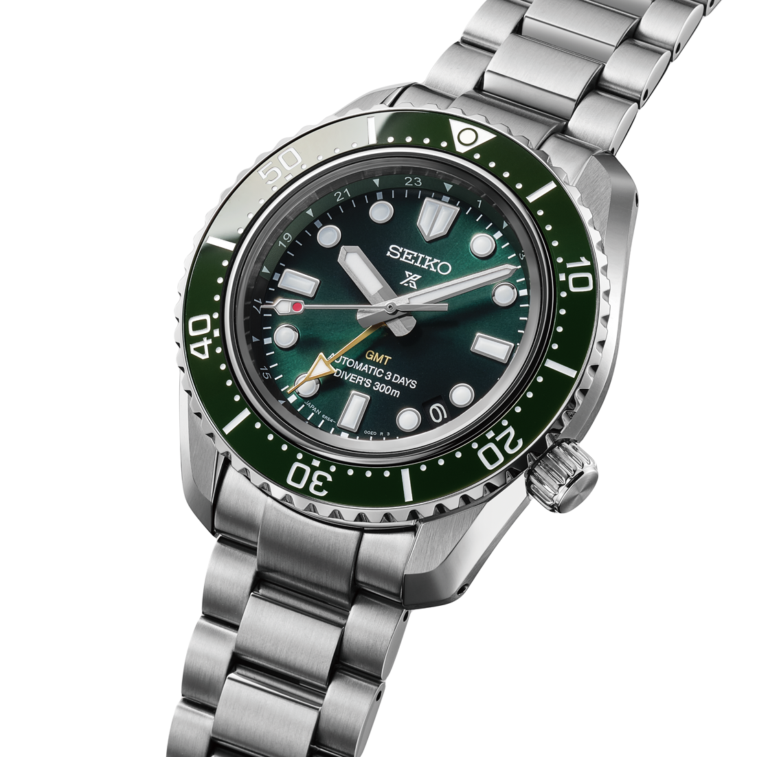 Seiko Prospex Sea GMT Automatic With Manual Winding 42mm Watch with a green dial, green rotating bezel, and a silver-tone metal link bracelet.