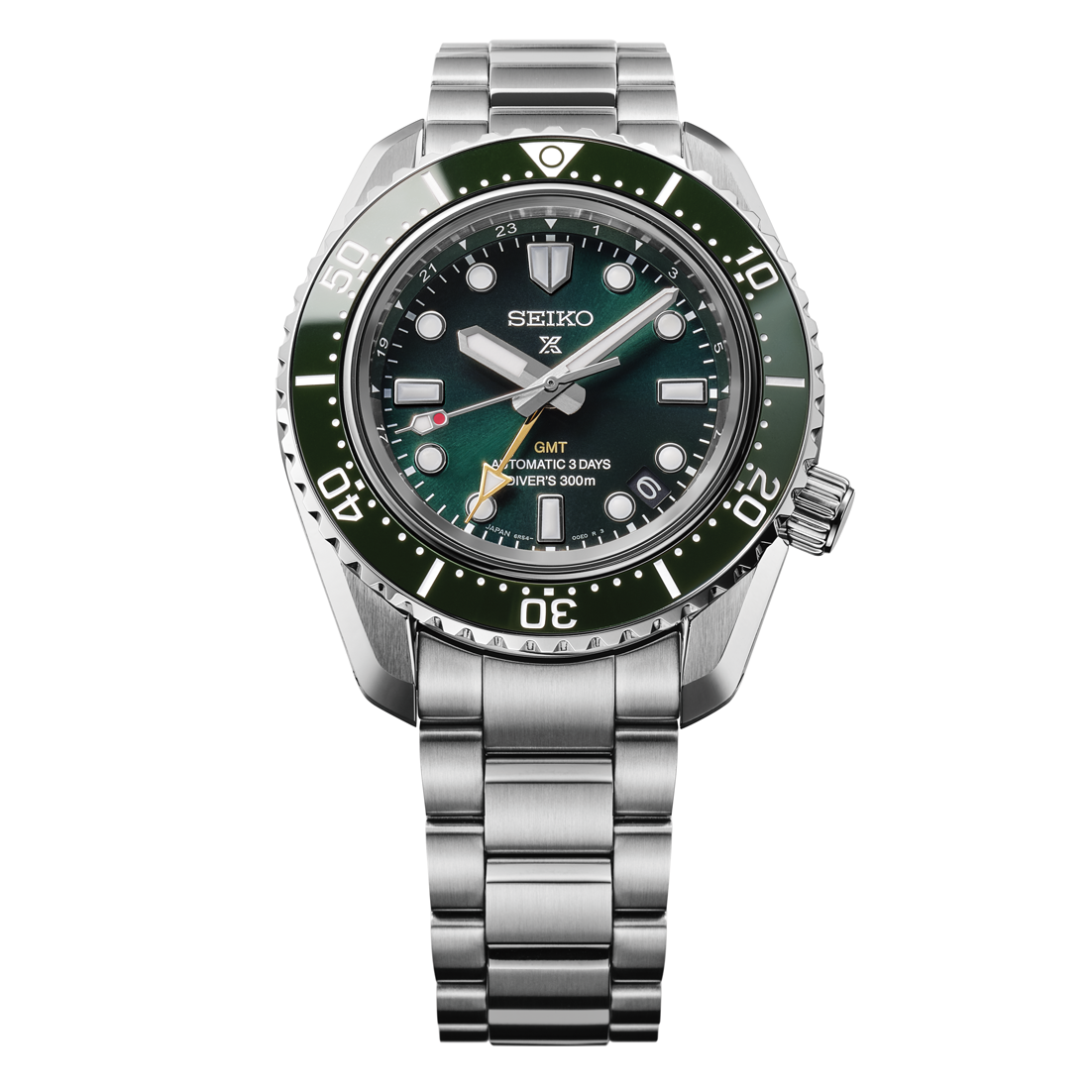 Seiko Prospex Sea GMT Automatic With Manual Winding 42mm Watch in stainless steel with a green dial, rotating bezel, and GMT hand.