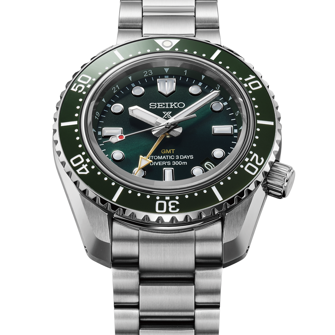 A silver-tone Seiko Prospex Sea GMT Automatic With Manual Winding 42mm Watch with a green dial, rotating green bezel, and a stainless steel link bracelet.