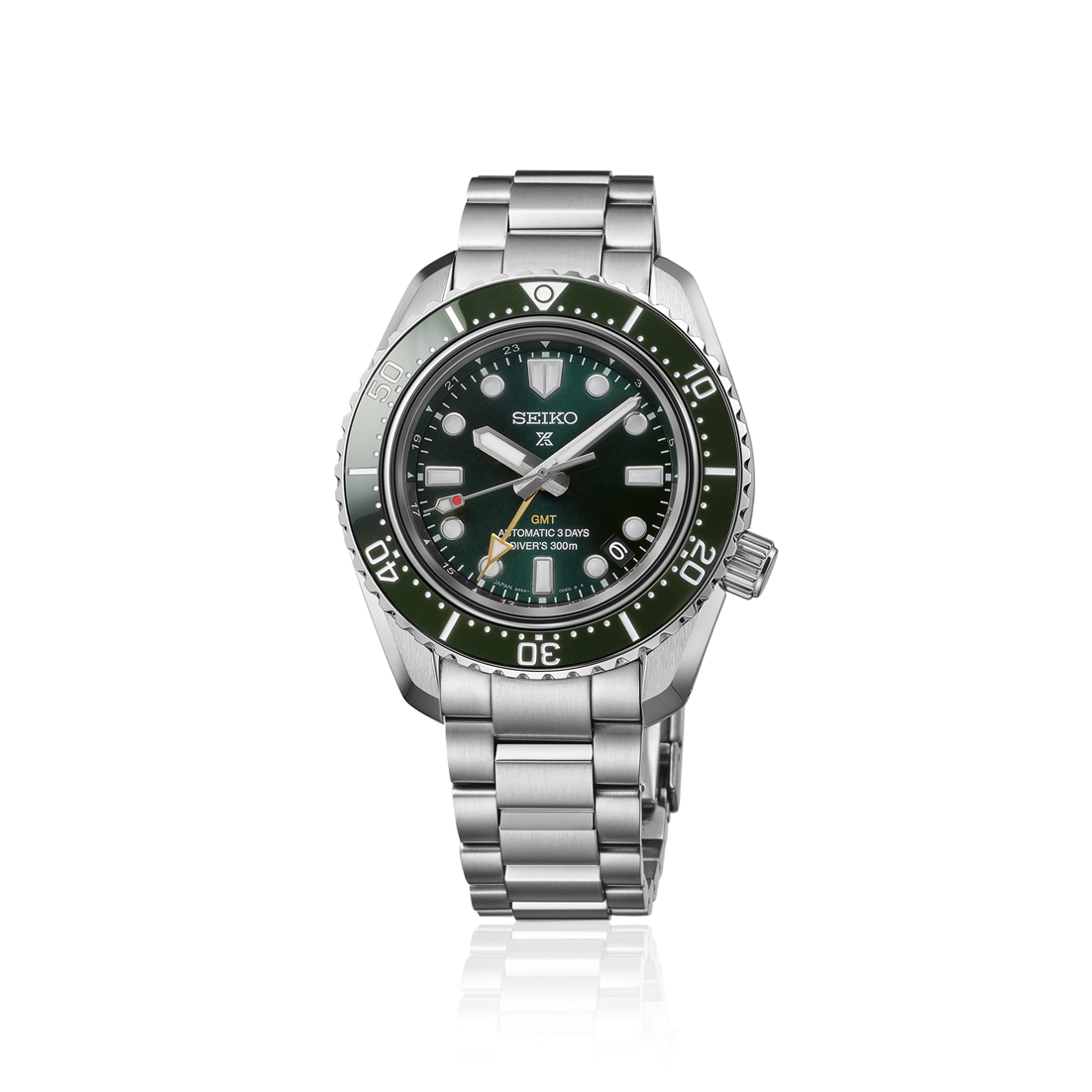 Seiko Prospex Sea GMT Automatic With Manual Winding 42mm watch in stainless steel with a green dial, rotating bezel, GMT hand, metal link bracelet, and 300-meter water resistance.