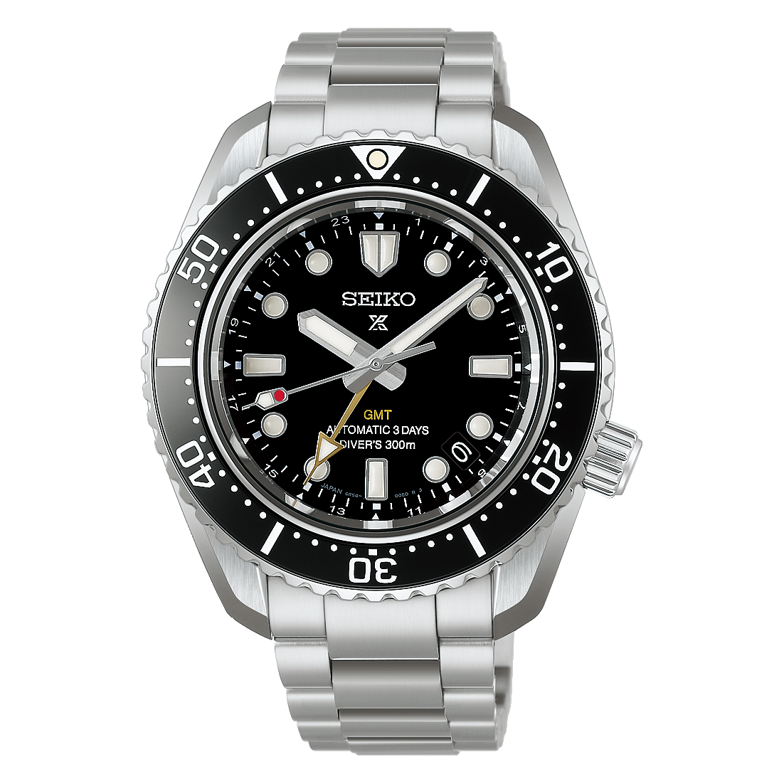 Seiko Prospex Sea GMT Automatic With Manual Winding 42mm Watch in stainless steel with a black dial, black rotating bezel, and a metal link bracelet.