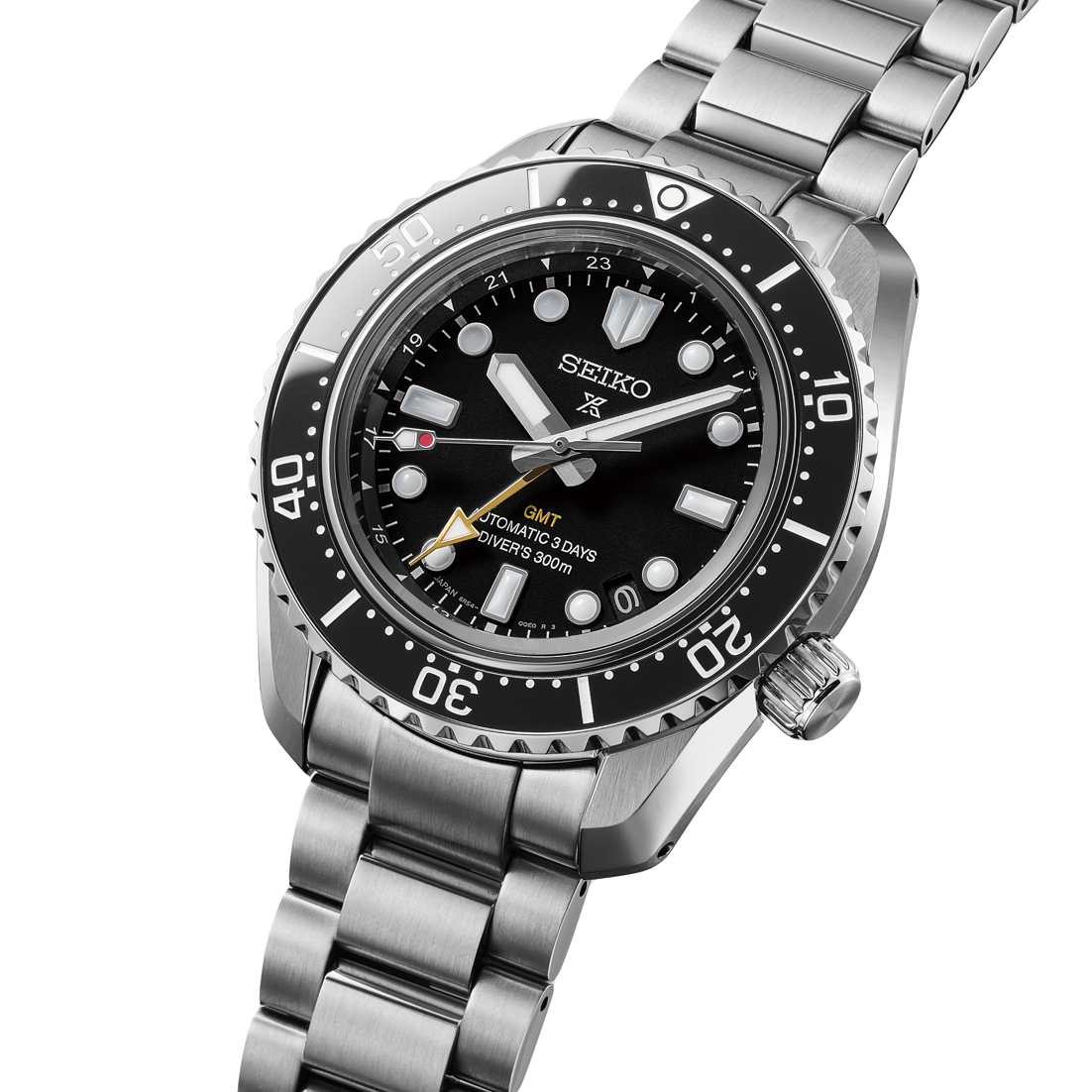 A Seiko Prospex Sea GMT Automatic With Manual Winding 42mm Watch in silver stainless steel, featuring a black dial, black rotating bezel, GMT hand, metal link bracelet, and Caliber 6R54 movement.