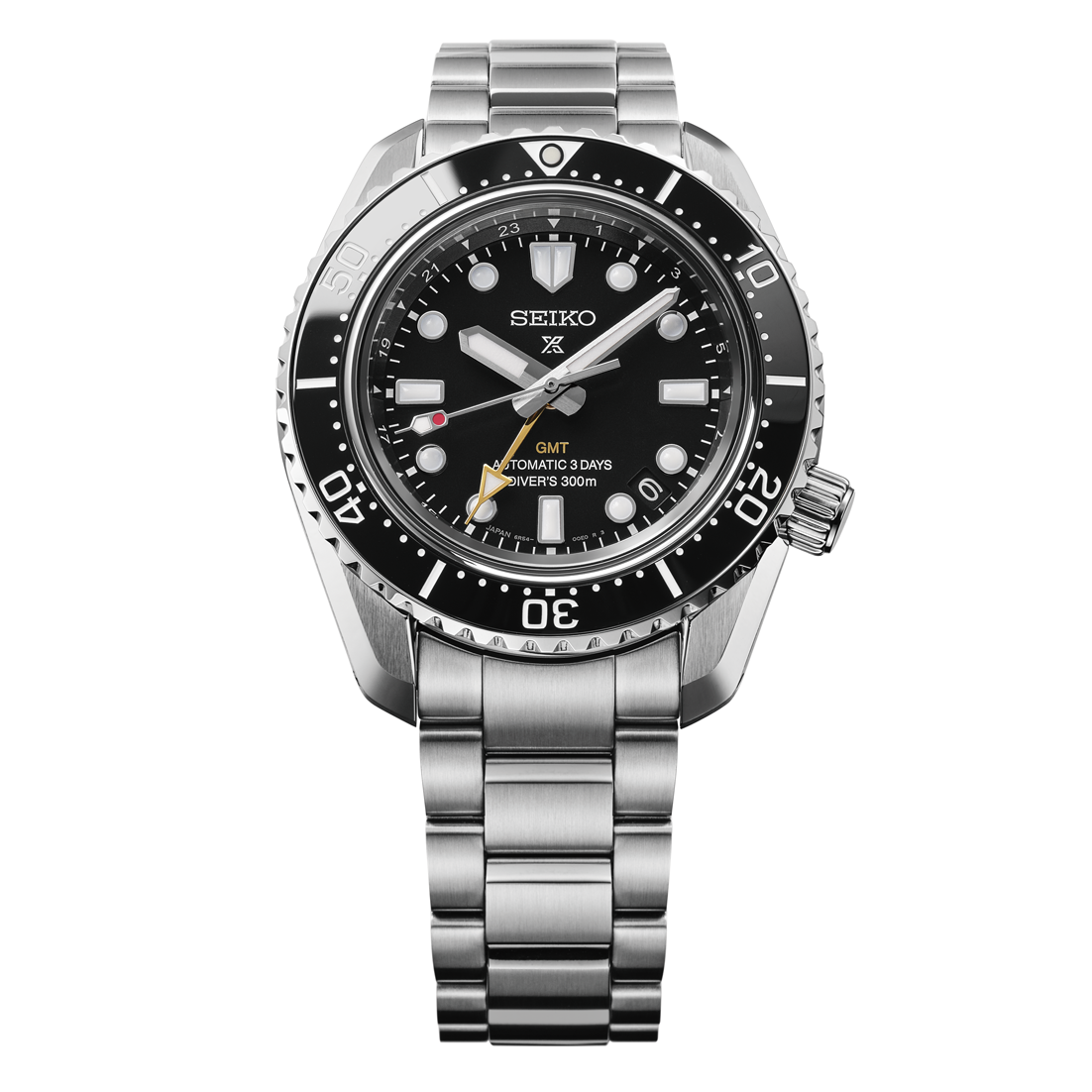 Seiko Prospex Sea GMT Automatic With Manual Winding 42mm Watch featuring a black dial, rotating bezel, silver-tone stainless steel link bracelet, and a GMT hand with an orange arrow tip.
