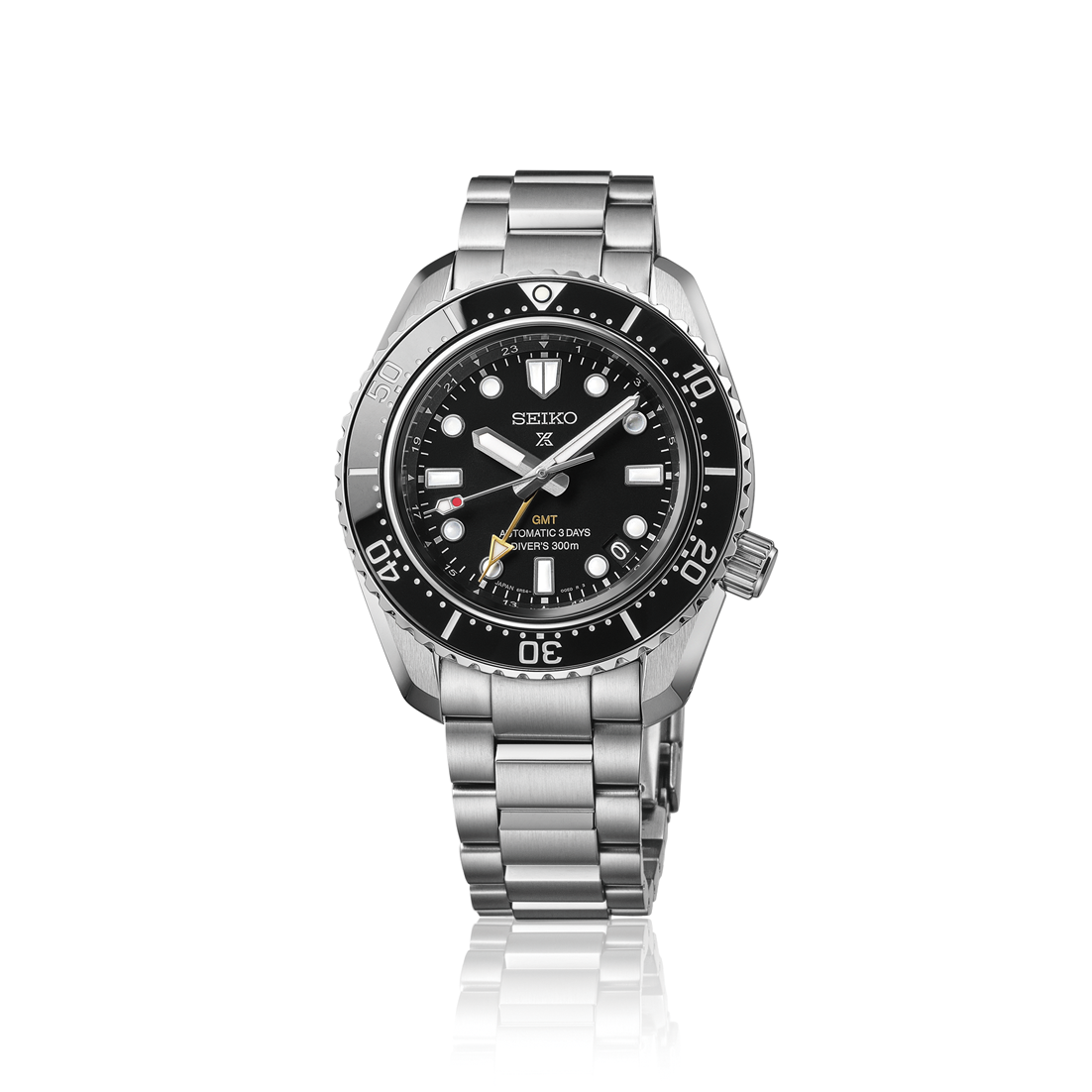 Seiko Prospex Sea GMT Automatic With Manual Winding 42mm Watch in stainless steel with a black dial, black rotating bezel, and a GMT hand.