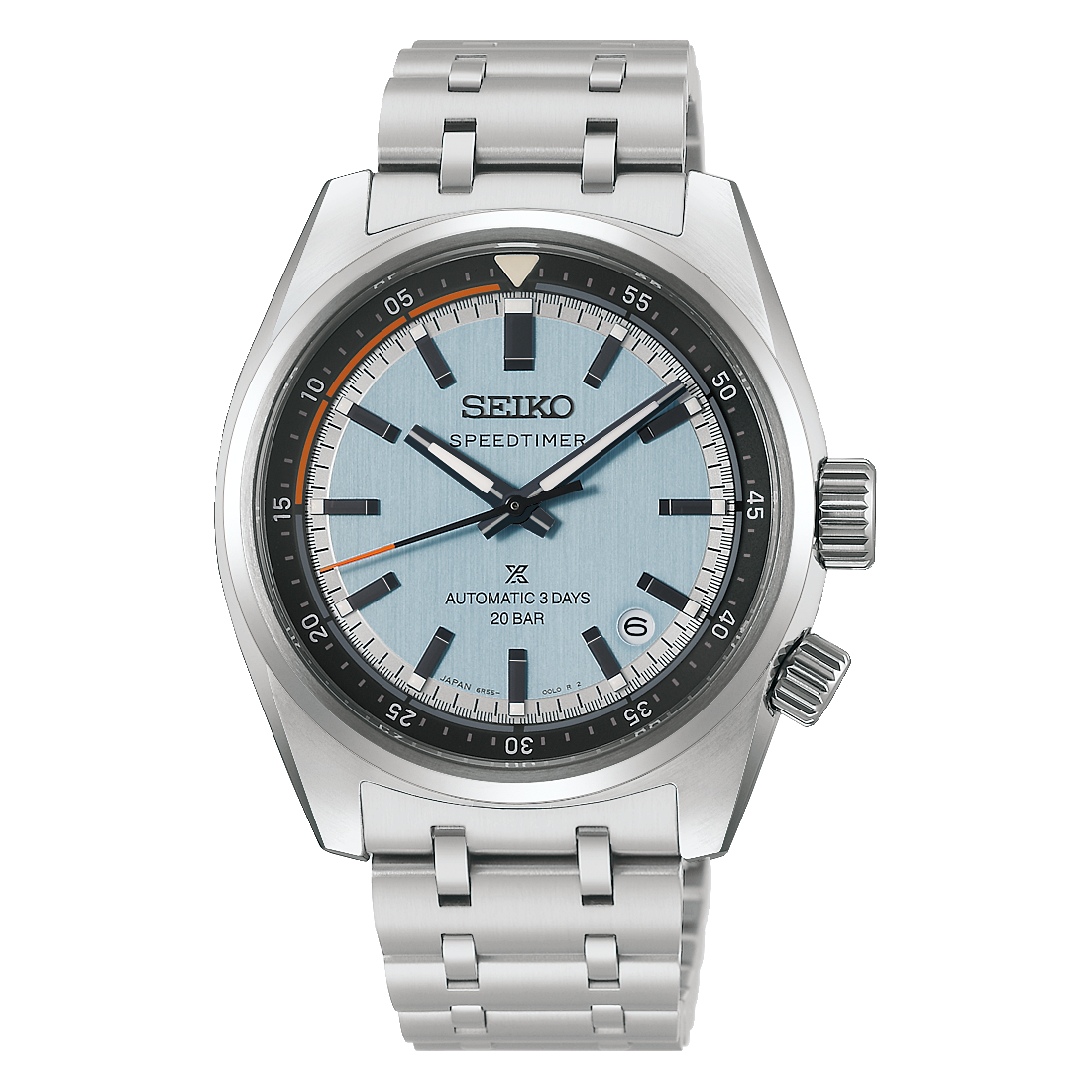 Seiko Prospex Speedtimer Automatic With Manual Winding 39.5mm Watch featuring a silver-tone finish, light blue dial, black bezel, and a metal link bracelet.