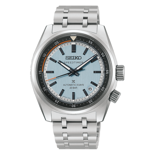 Seiko Prospex Speedtimer Automatic With Manual Winding 39.5mm Watch featuring a silver-tone finish, light blue dial, black bezel, and a metal link bracelet.