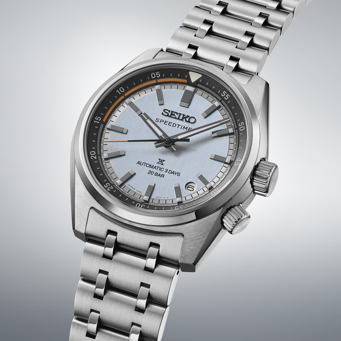 Seiko Prospex Speedtimer Automatic With Manual Winding 39.5mm watch in stainless steel with a light blue dial, silver indices, two crowns on the side, and a metal link bracelet.