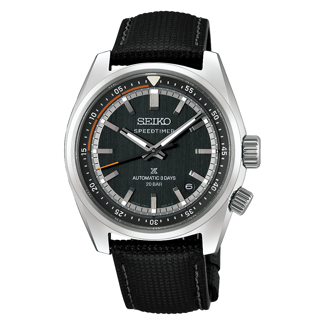 Seiko Prospex Speedtimer Automatic With Manual Winding 39.5mm Watch with a legible dark grey sunray dial, silver indices, and a black textured strap with white stitching.