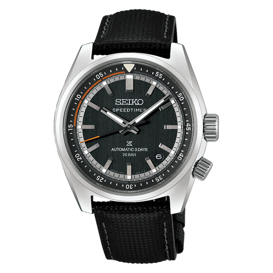 Seiko Prospex Speedtimer Automatic With Manual Winding 39.5mm Watch with a legible dark grey sunray dial, silver indices, and a black textured strap with white stitching.