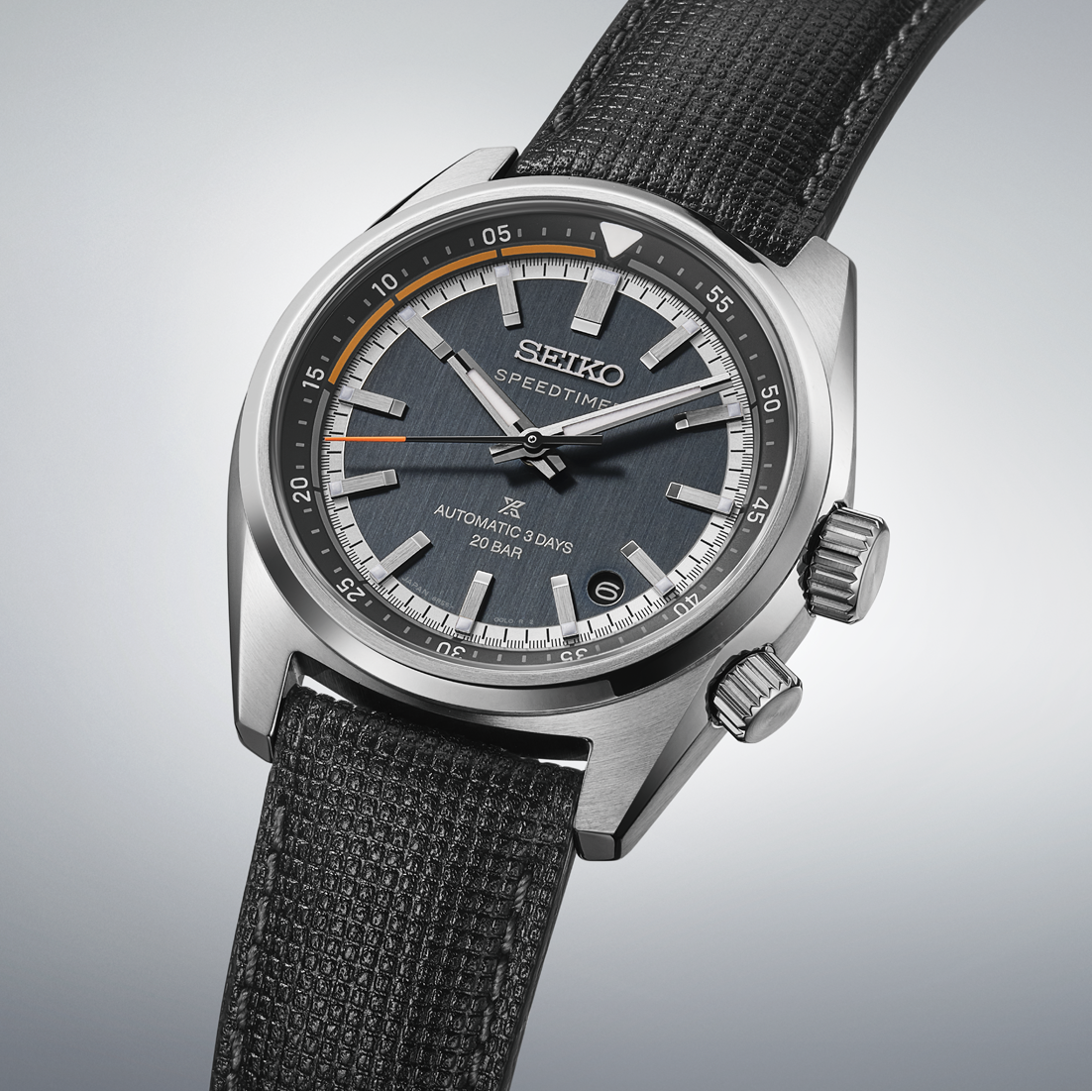 Seiko Prospex Speedtimer Automatic With Manual Winding 39.5mm Watch featuring a dark grey sunray dial with orange accents and a black textured strap.