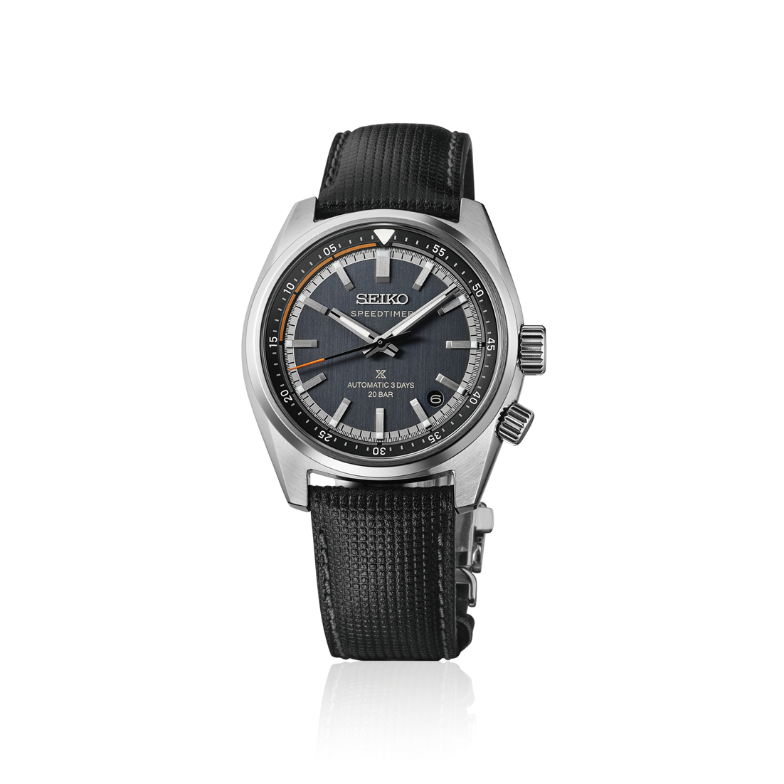 Seiko Prospex Speedtimer Automatic With Manual Winding 39.5mm watch featuring an analog dark gray textured dial, silver-tone markers, a legible black tachymeter bezel, and a black patterned strap.