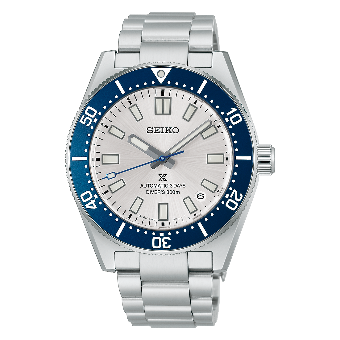 Seiko Prospex Sea 145th Anniversary Limited Edition Automatic With Manual Winding 40mm Watch with a silver dial, blue rotating bezel, and three-link stainless steel bracelet.