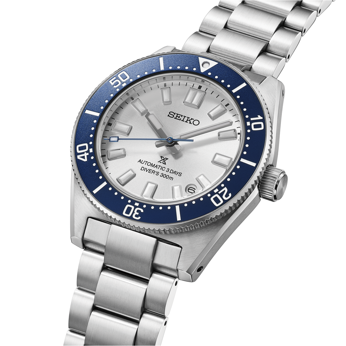 Seiko Prospex Sea 145th Anniversary Limited Edition Automatic With Manual Winding 40mm Watch in silver-tone with a white dial, a blue rotating bezel, and a stainless steel link bracelet.