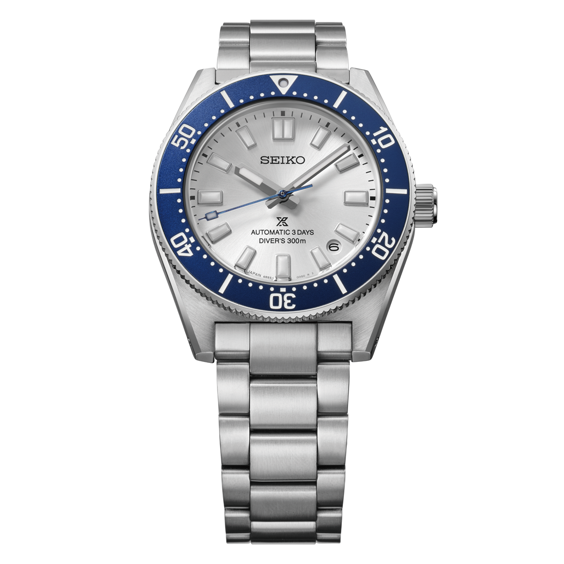 Seiko Prospex Sea 145th Anniversary Limited Edition Automatic With Manual Winding 40mm watch with a silver-toned finish, white dial, blue rotating bezel, and stainless steel link bracelet.