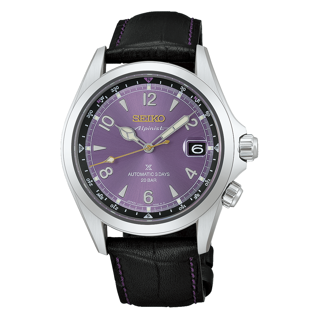 Seiko Prospex Land Alpinist 145th Anniversary Limited Edition Automatic With Manual Winding 39.5mm watch with an Edo purple dial, gold-tone hands, and a black leather strap with purple stitching.
