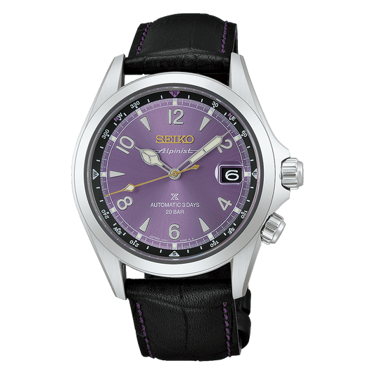 Seiko Prospex Land Alpinist 145th Anniversary Limited Edition Automatic With Manual Winding 39.5mm watch with an Edo purple dial, gold-tone hands, and a black leather strap with purple stitching.
