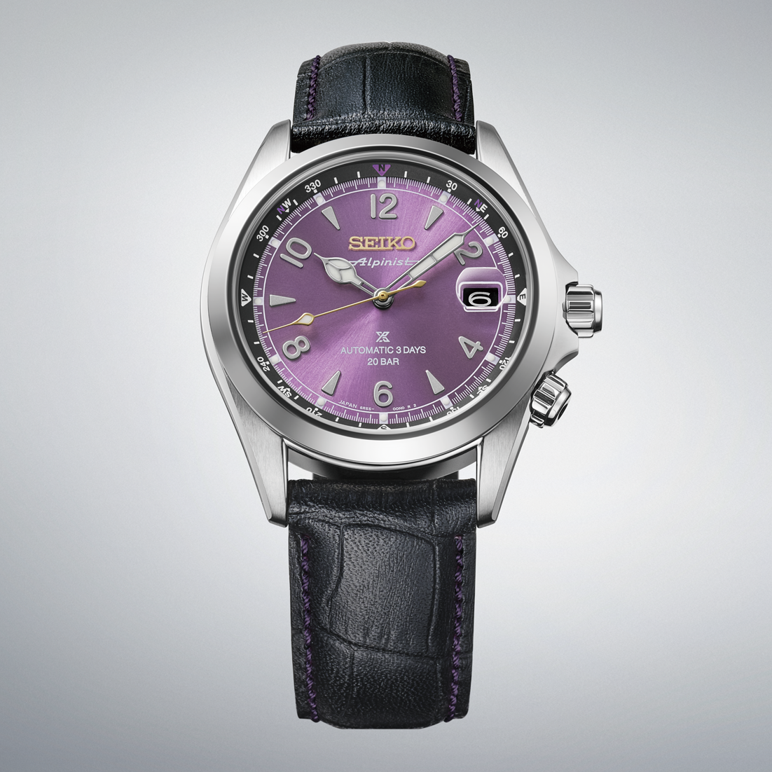 Seiko Prospex Land Alpinist 145th Anniversary Limited Edition Automatic With Manual Winding 39.5mm Watch featuring an Edo purple sunray dial, silver hands and markers, a date window, and a black leather strap with purple stitching.