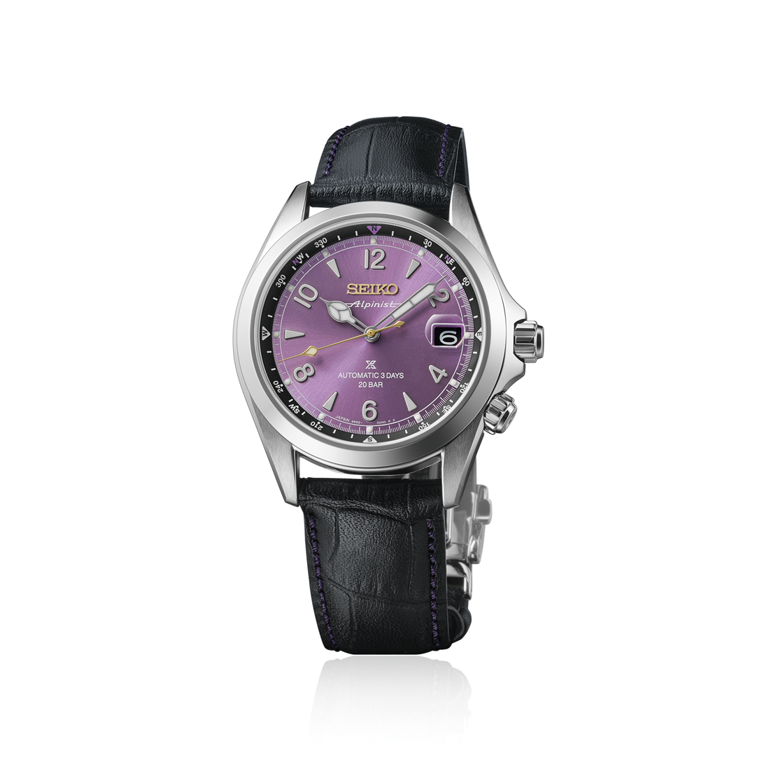 Seiko Prospex Land Alpinist 145th Anniversary Limited Edition Automatic With Manual Winding 39.5mm Watch featuring an Edo purple dial, silver hands and indices, a date window, and a black leather strap with purple stitching.