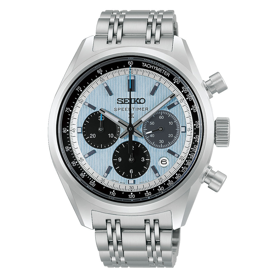 Seiko Prospex Speedtimer Automatic With Manual Winding 42mm Watch featuring a silver case, light blue dial with three black subdials, chronograph function, date window at 4:30, and a silver metal link bracelet.