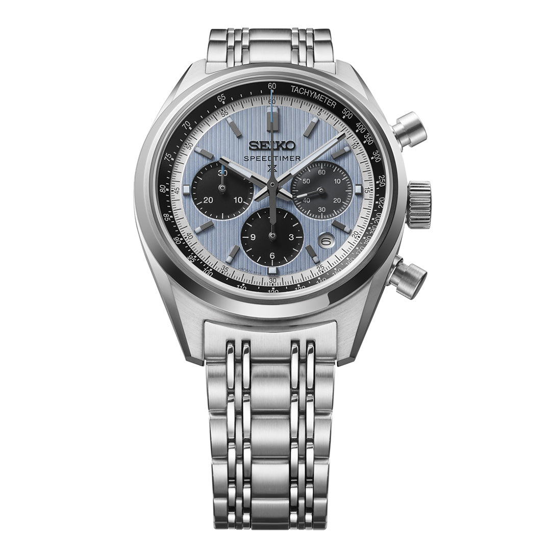 A Seiko Prospex Speedtimer Automatic With Manual Winding 42mm Watch in stainless steel, showcasing a striking silver and black dial with three subdials, a tachymeter scale, and a robust metal bracelet.