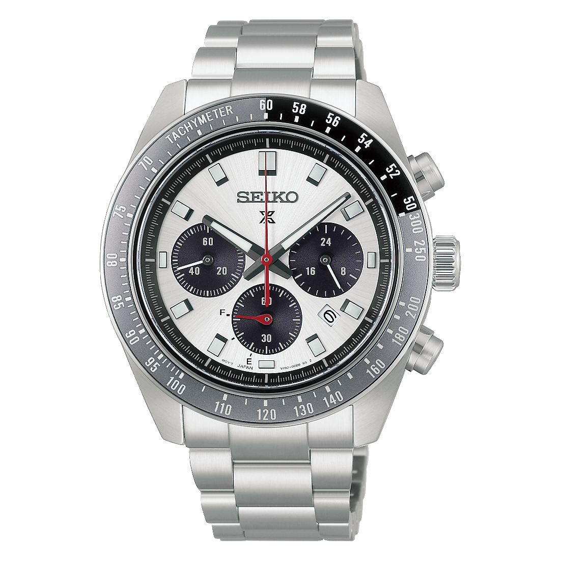 Silver-tone Seiko Prospex Speedtimer Solar Chronograph 41.4mm watch with a tachymeter bezel, white dial, three black subdials, and a stainless steel link bracelet.