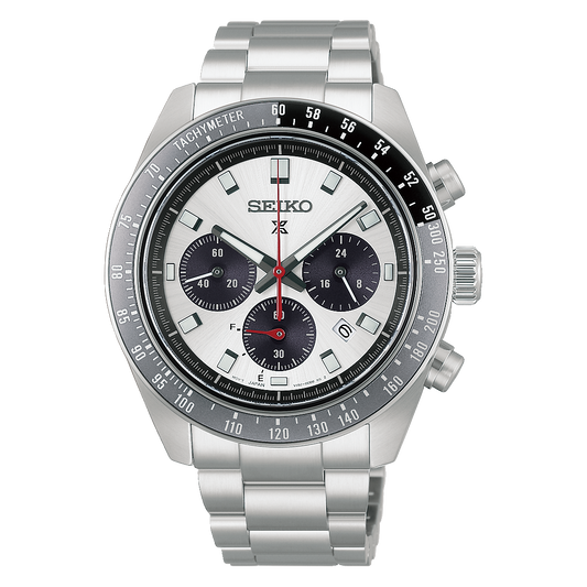 Silver-tone Seiko Prospex Speedtimer Solar Chronograph 41.4mm watch with a tachymeter bezel, white dial, three black subdials, and a stainless steel link bracelet.