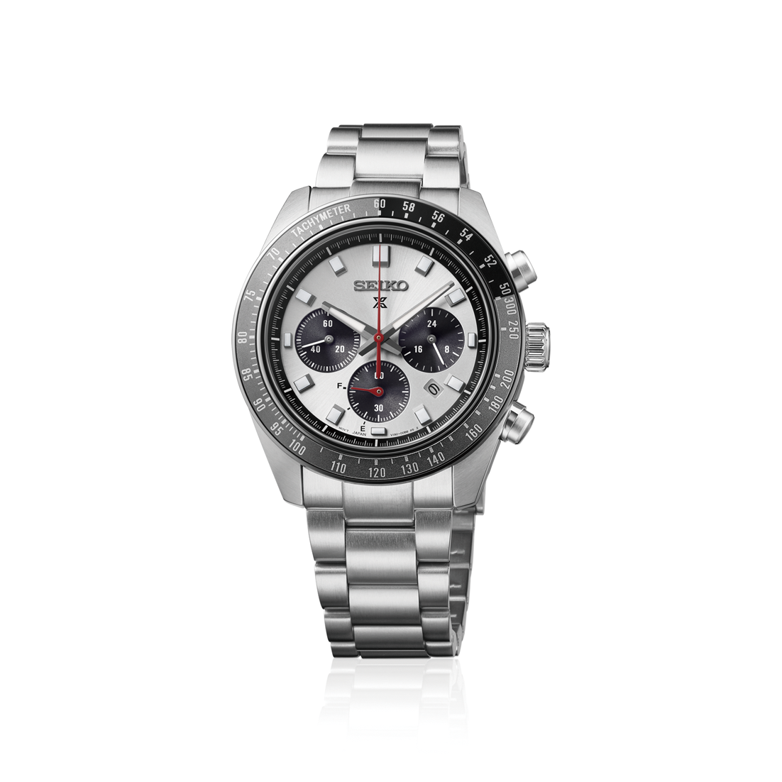 Seiko Prospex Speedtimer Solar Chronograph 41.4mm Watch with a silver dial, tachymeter bezel, three black sub-dials, and a stainless steel link bracelet.