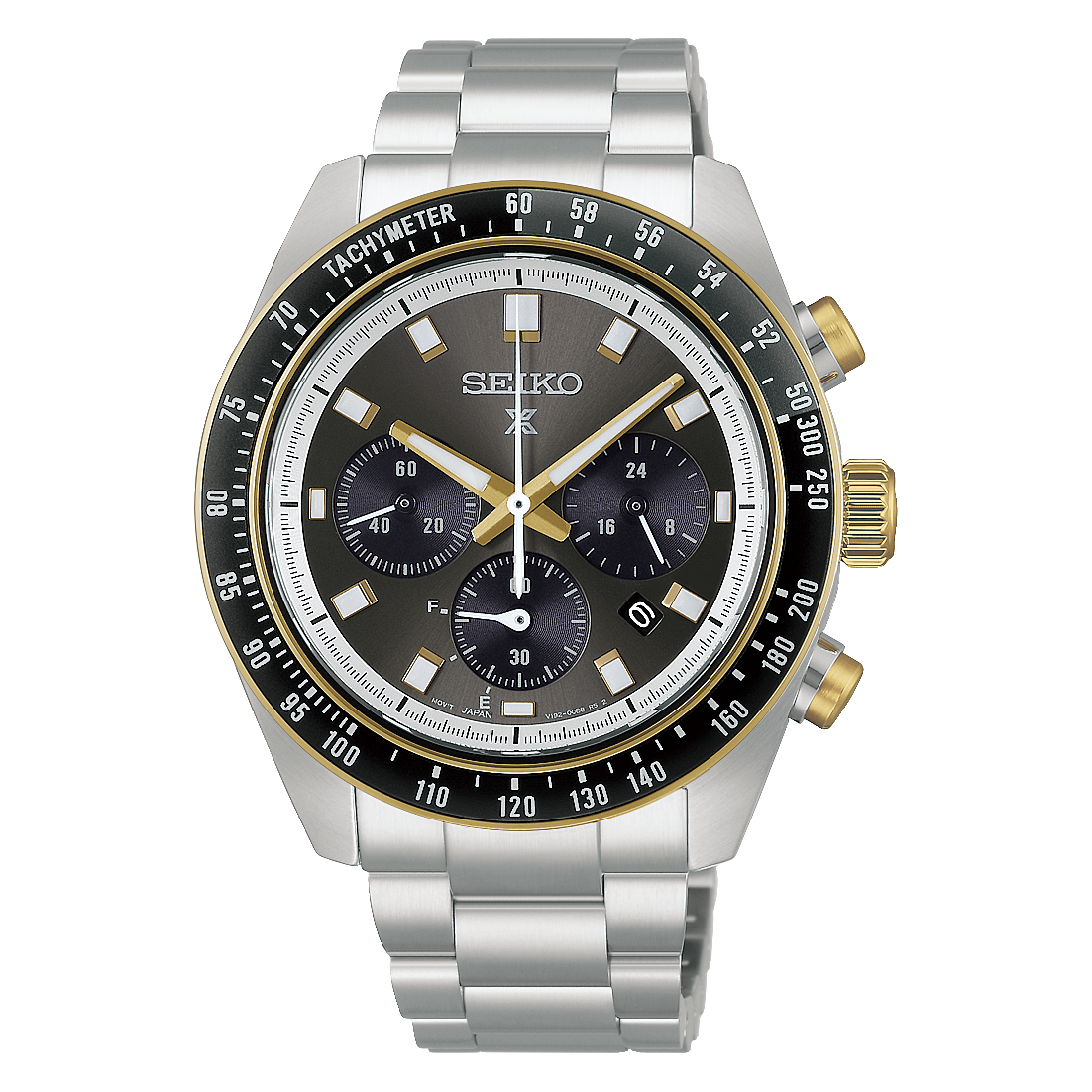 Seiko Prospex Speedtimer Solar Chronograph 41.4mm Watch with a silver-tone metal link bracelet, a dark grey dial with three sub-dials, and a black and gold tachymeter bezel.