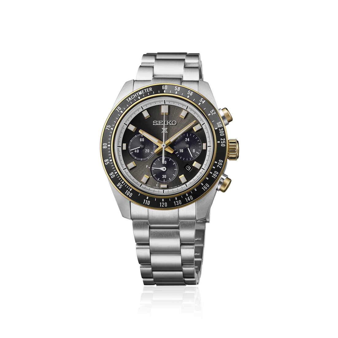 Seiko Prospex Speedtimer Solar Chronograph 41.4mm Watch with a gray dial, three black subdials, gold-tone accents, and a stainless steel link bracelet.