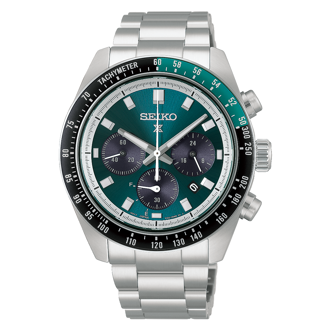 Seiko Prospex Speedtimer Solar Chronograph 41.4mm watch featuring a green dial, three dark subdials, and a black tachymeter bezel on a stainless steel link bracelet.
