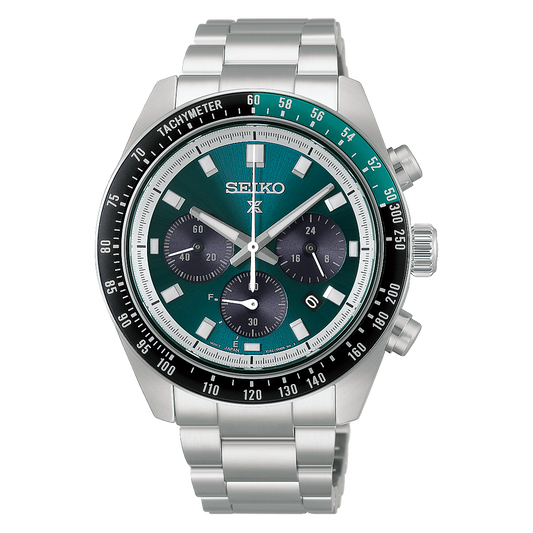 Seiko Prospex Speedtimer Solar Chronograph 41.4mm watch featuring a green dial, three dark subdials, and a black tachymeter bezel on a stainless steel link bracelet.