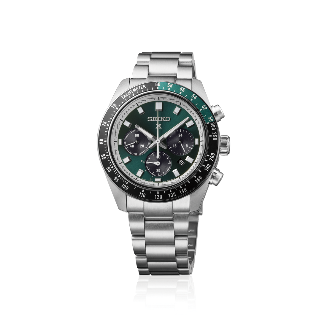 A Seiko Prospex Speedtimer Solar Chronograph 41.4mm Watch featuring a metallic green dial, three black subdials, a black tachymeter bezel, and a silver stainless steel link bracelet.