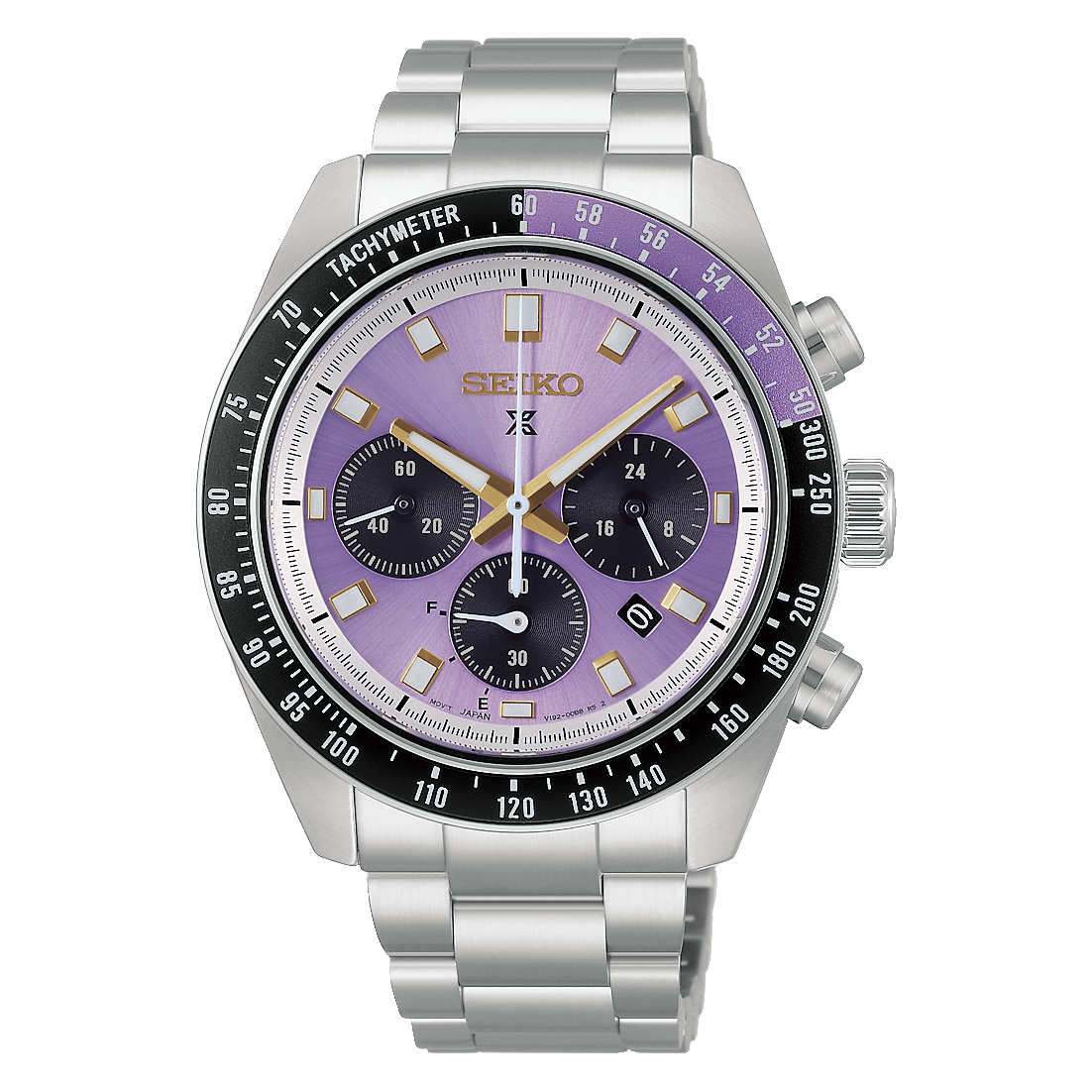 Seiko Prospex Speedtimer Solar Chronograph 41.4mm watch in Edo purple with a metallic bracelet, three black sub-dials, and a black tachymeter bezel.